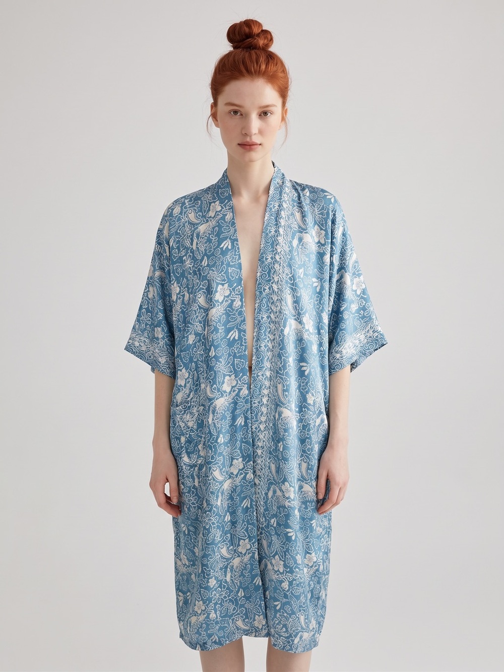 Bohemian 100% Silk Light Blue Floral Satin Kimono Robe. Made in Indonesia. OS